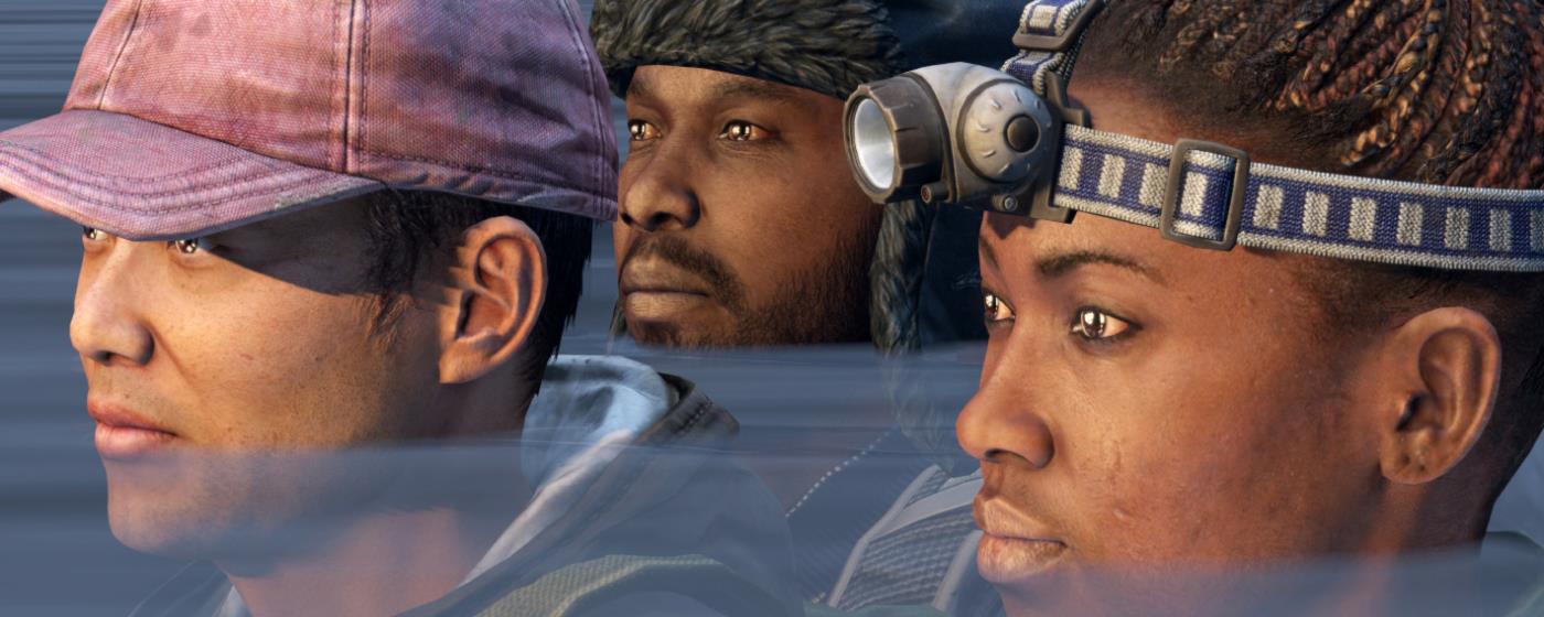 Three intense faces with headgear, implying focus and determination. Video-game illustration.