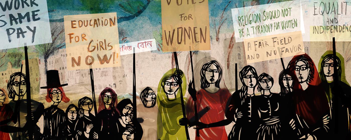 Illustration of women's rights protest with signs for equality and education.