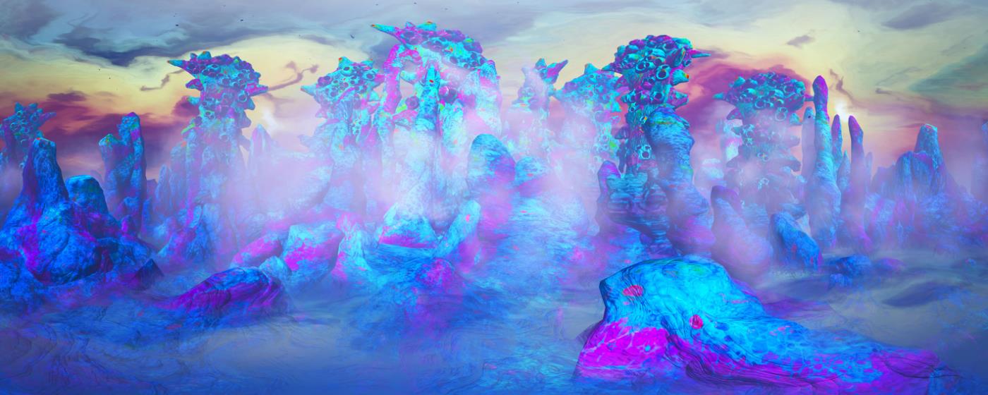 Vibrant, surreal digital art landscape with colorful, misty rock formations.