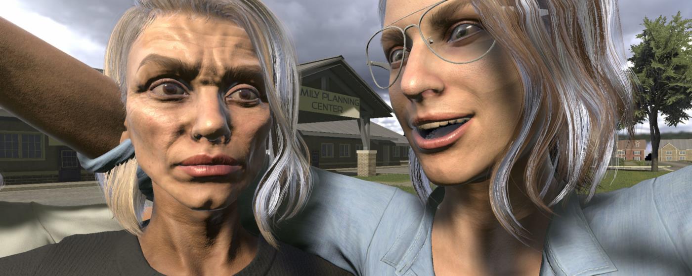 Dvě počítačově vytvořené postavy žen z videohry. 