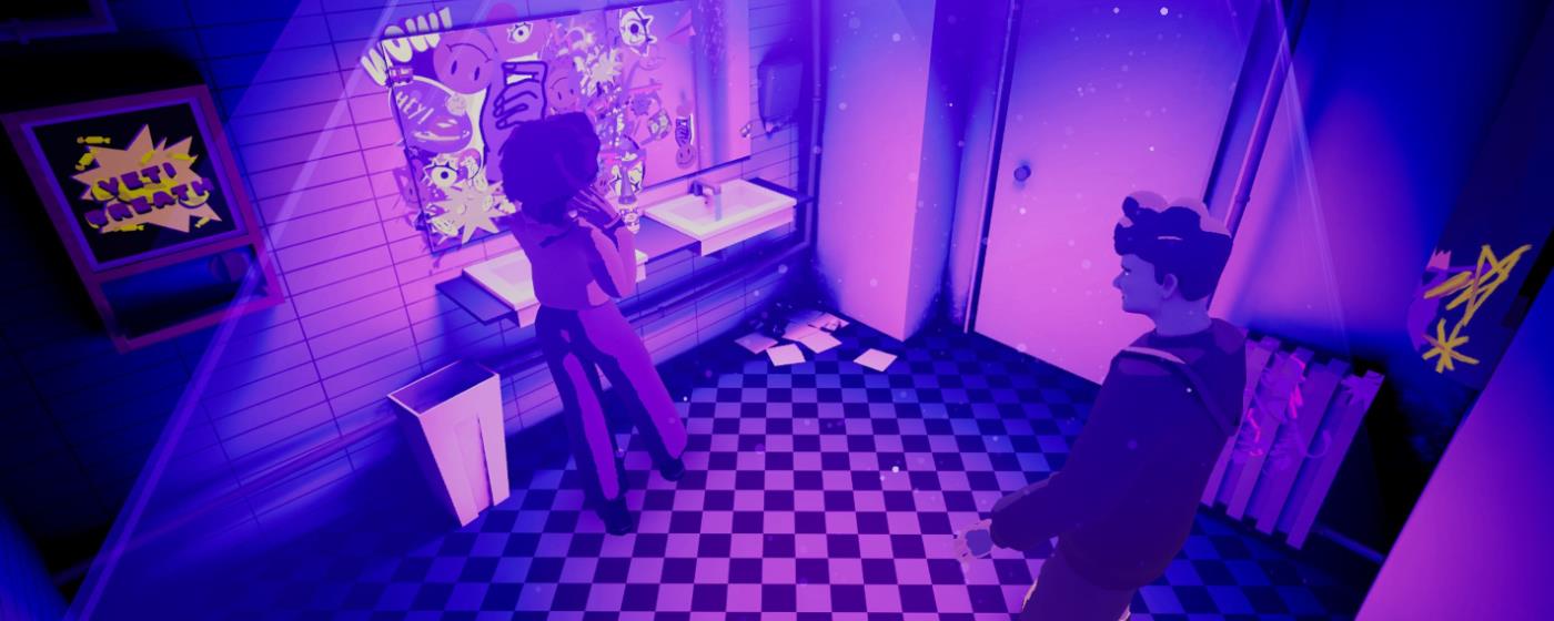 Man and woman in a bathroom in video game format. 