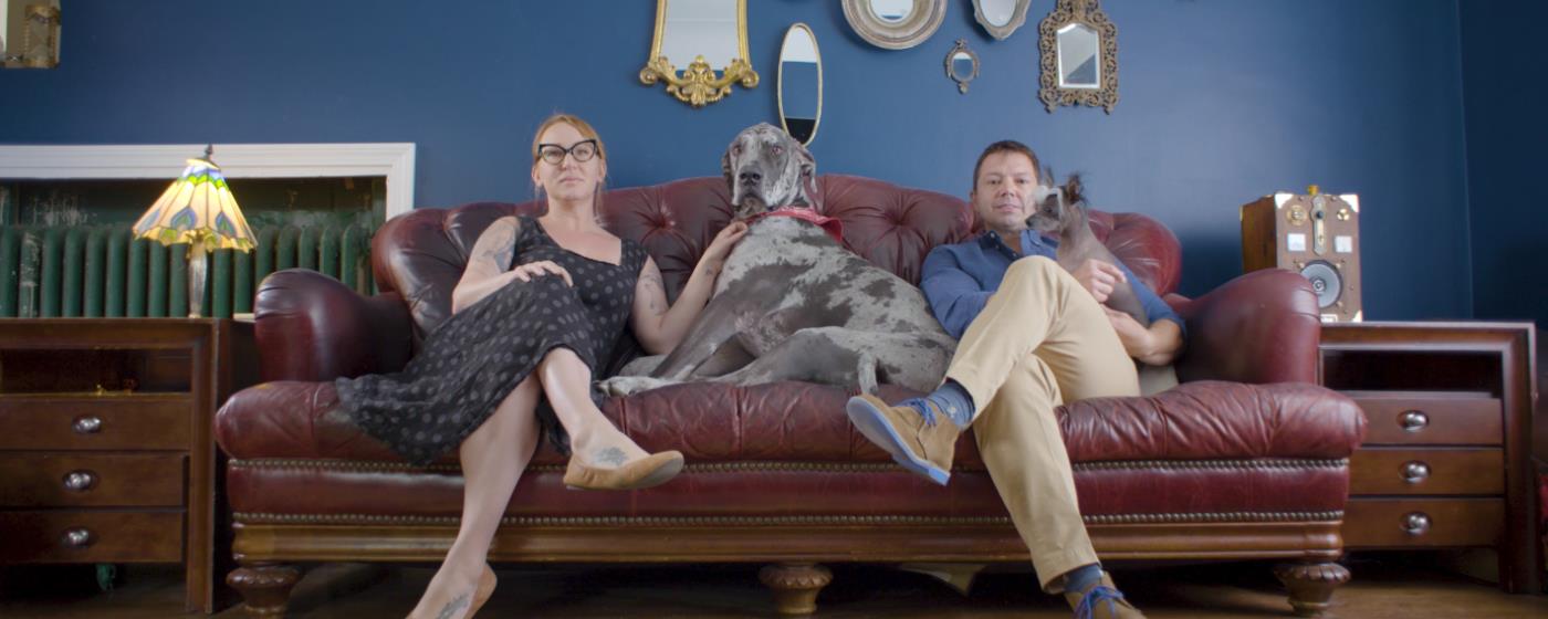 Žena a muž sedí na velkém koženém gauči v obývacím pokoji, mezi nimi sedí velký pes, muž drží v náručí dalšího menšího psa.