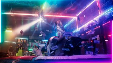 Colorful bar with neon signs, person riding mechanical bull, money flying around.