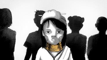 A grayscale illustration of a girl with a hat, layered yellow necklaces, surrounded by shadowy figures.