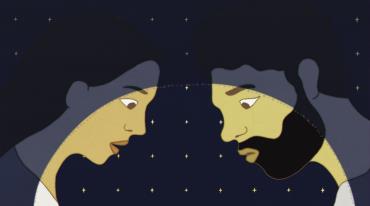 Illustration of two faces in profile facing each other, against a starry night sky with a circle light. 