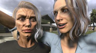 Dvě počítačově vytvořené postavy žen z videohry. 