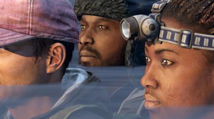 Three intense faces with headgear, implying focus and determination. Video-game illustration.