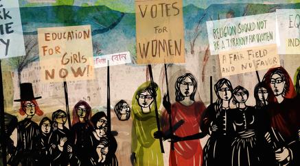 Kresba demonstrace za práva žen, postavy s transparenty.